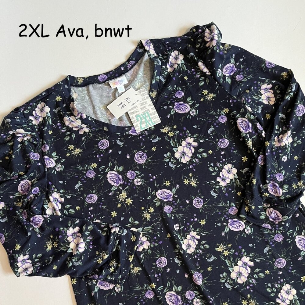 2XL Lularo Ava mutton sleeve dress, navy with purple yellow flowers